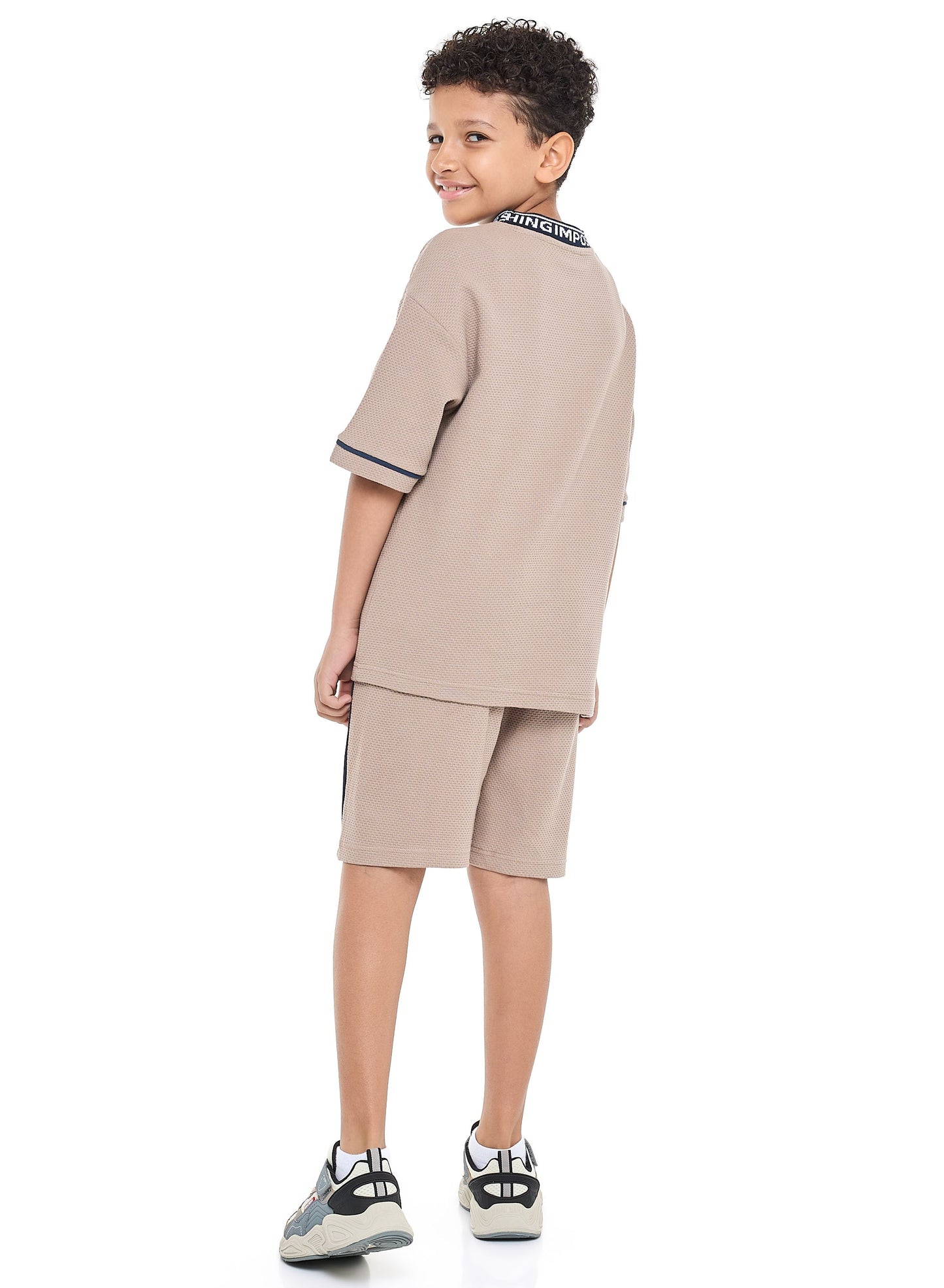 Victor and Jane Boys' Jacquard Set – Light Brown 2-Piece Outfit with Label Detail