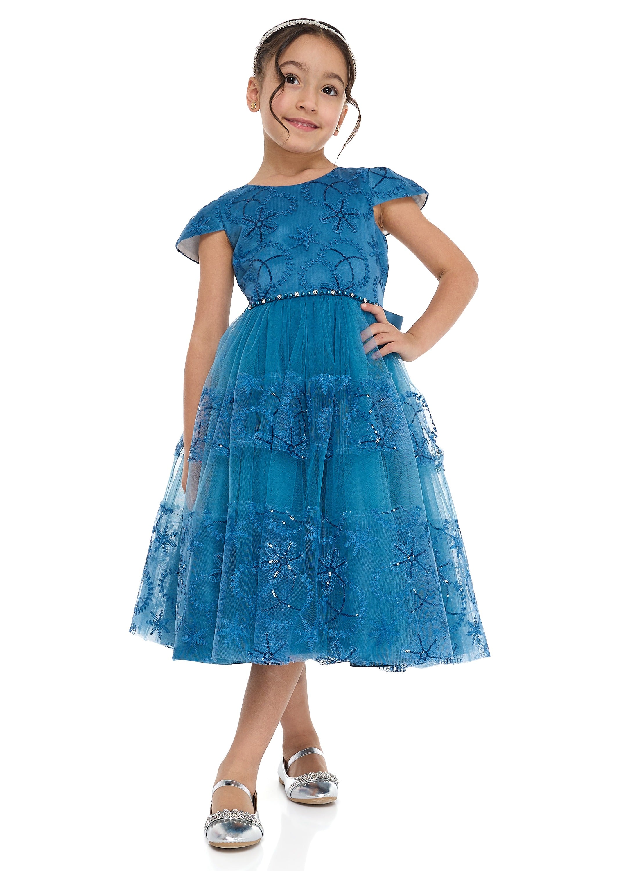 Elegant Blue Tulle Dress With Lace And Sequins