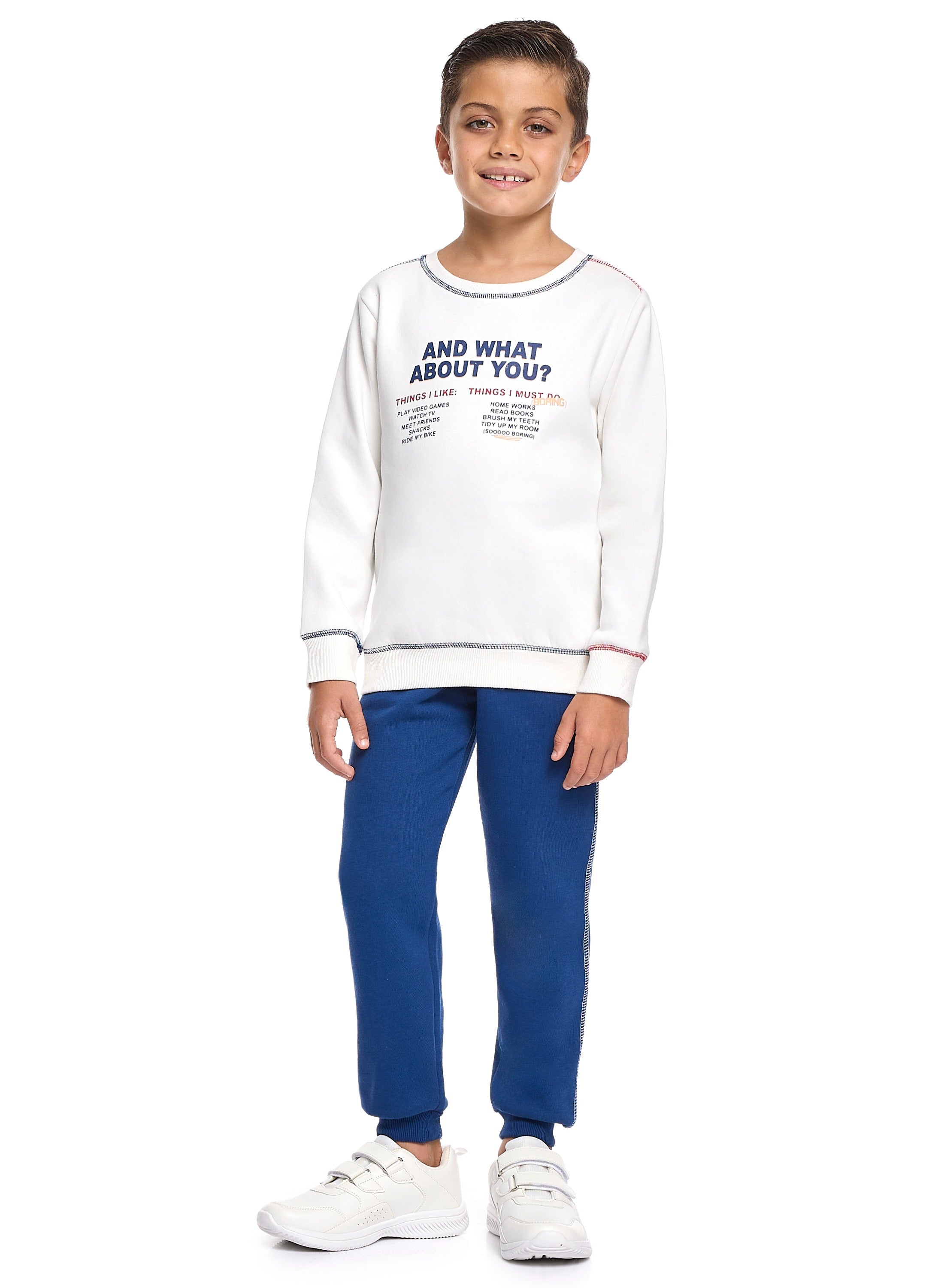 Victor And Jane Cotton You Theme Graphic Full Sleeves Sweatshirt & Joggers Set - White & Navy Blue