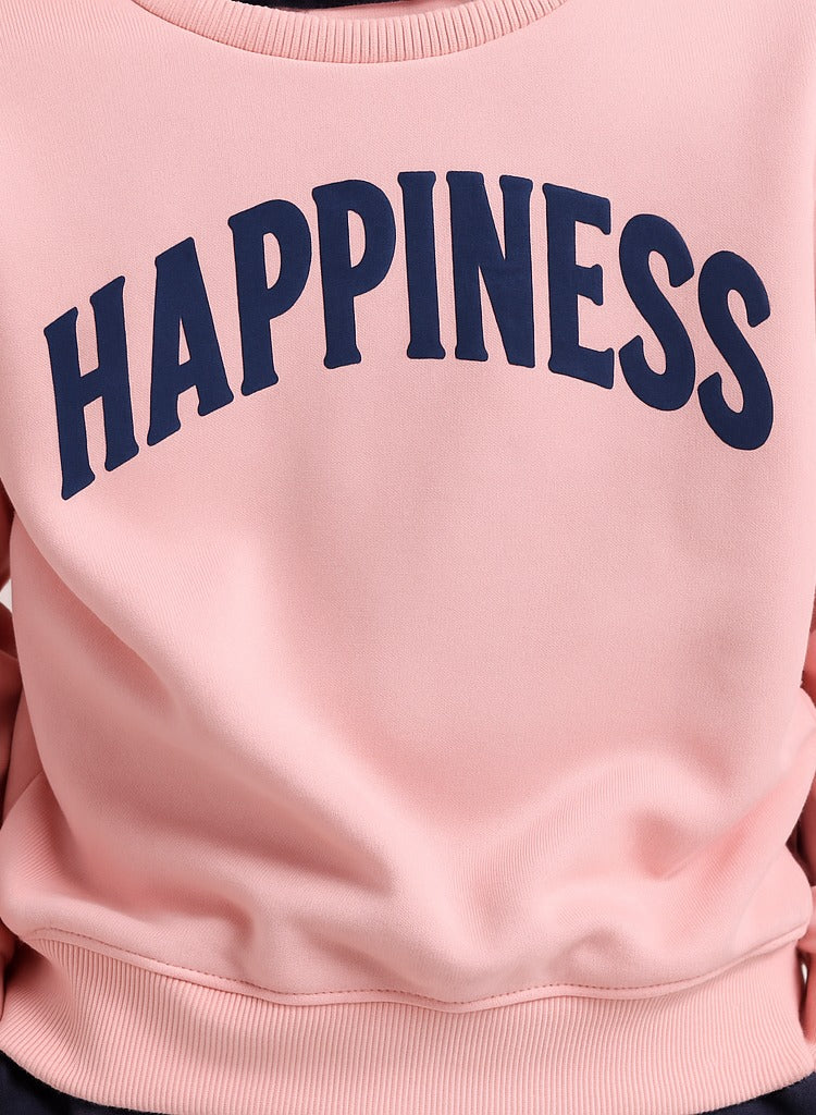 Girls' “ Œhappiness” Slogan Cotton Fleece Sweatshirt | 100% Cotton