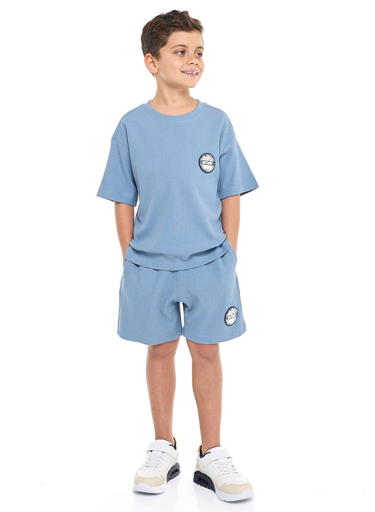 Victor and Jane Boys' Jacquard Powder Blue 2-Piece Outfit with Shirt & Shorts