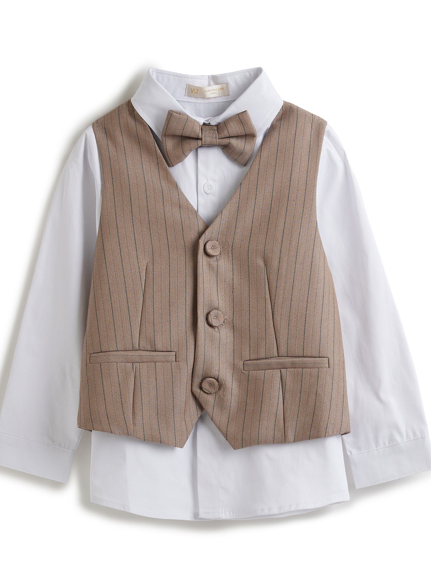 Stripe Beige Waistcoat And Pant Set With Shirt And Bow Tie