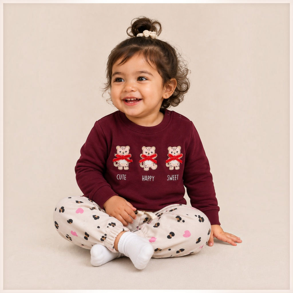 Girls 3-Piece Set – Sweatshirt, Printed Pants & Headband