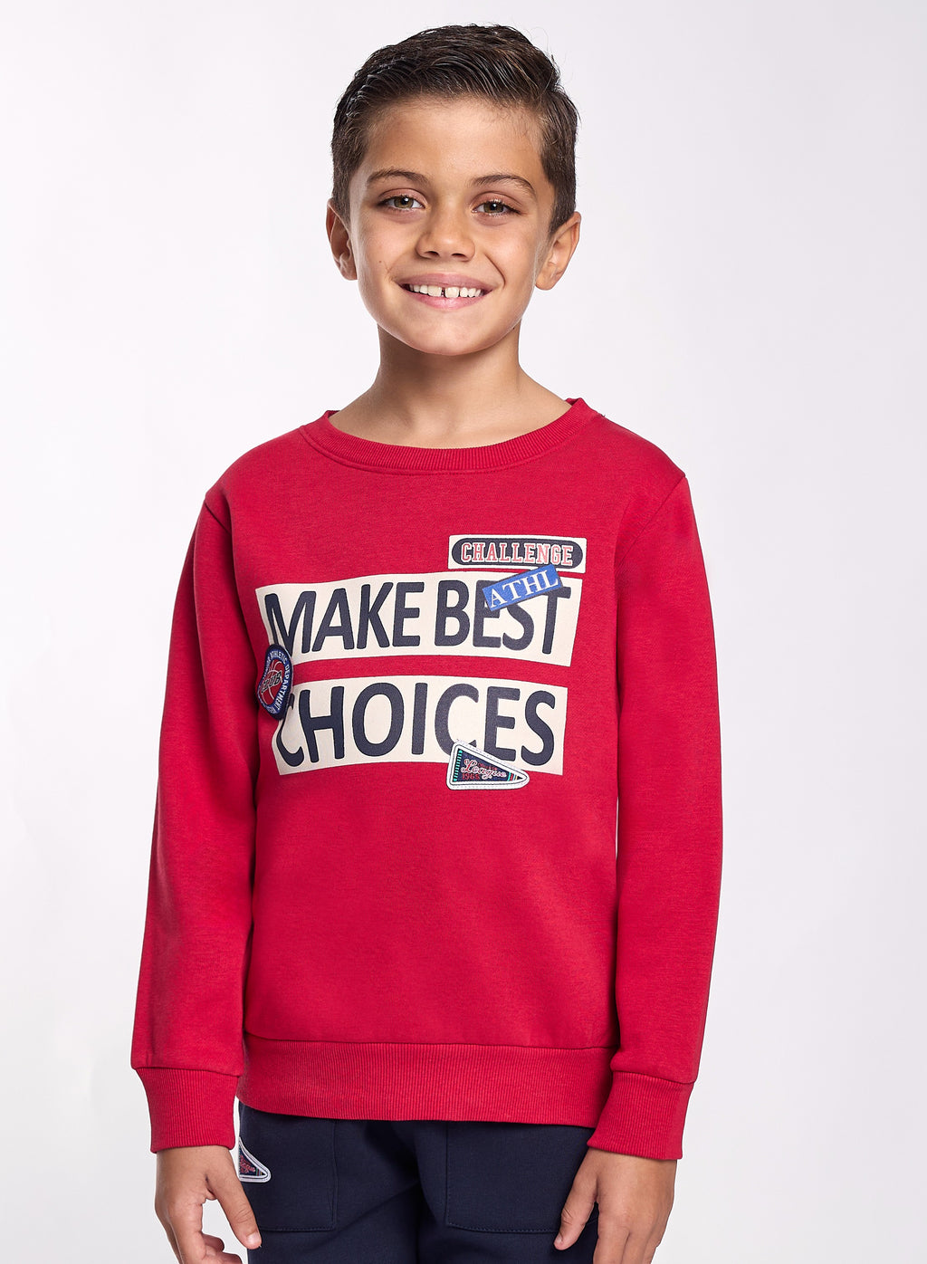 Victor And Jane Cotton Make Best Choices Graphic Full Sleeves Sweatshirt & Joggers Set - Red & Navy Blue