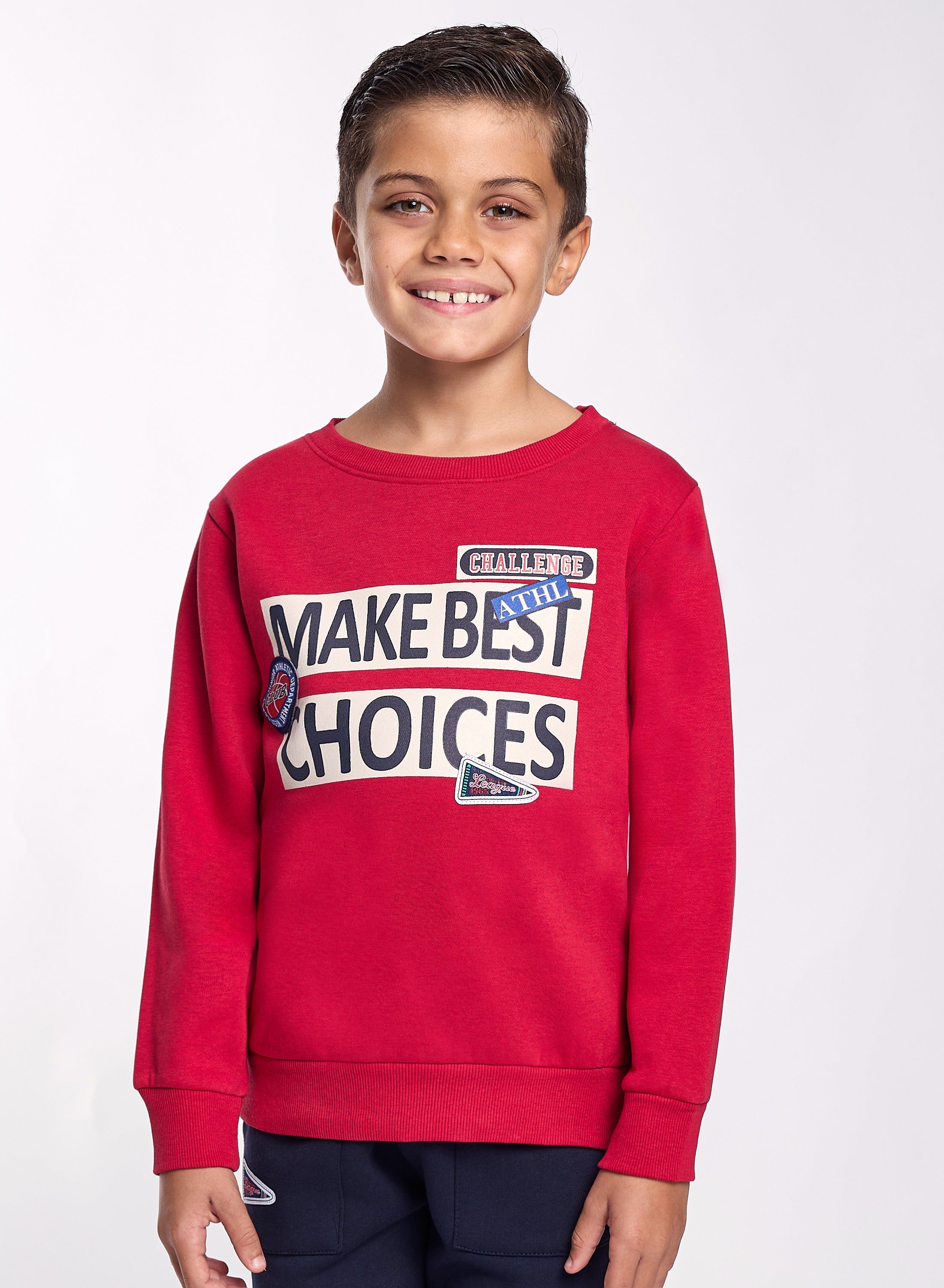 Victor And Jane Cotton Make Best Choices Graphic Full Sleeves Sweatshirt & Joggers Set - Red & Navy Blue