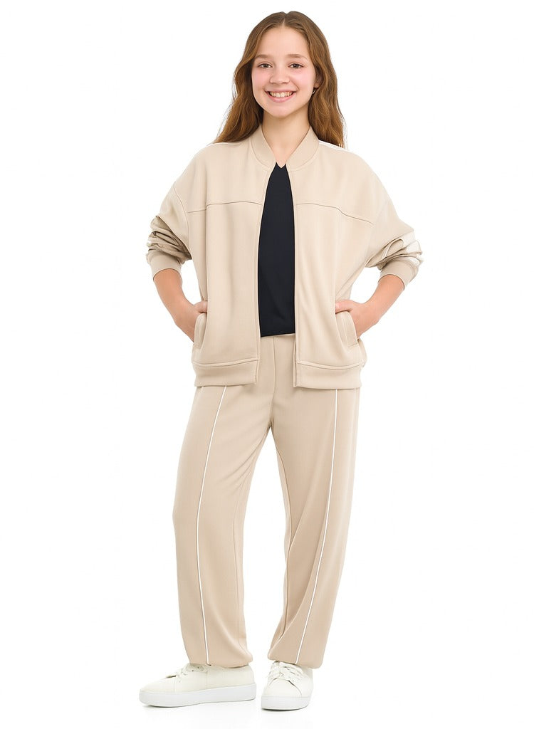 Girls’ Beige Contrast-Stripe Track Set – Zip-Up Jacket & Joggers