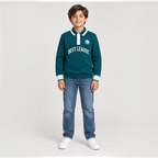 victor and jane boys' dark green fleece pullover with white collar, button placket, and Best League basketball graphic