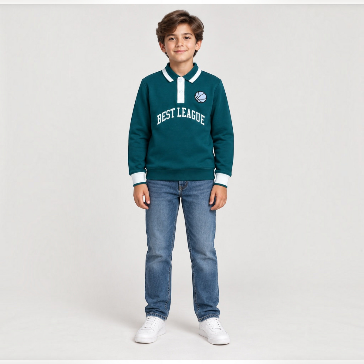 victor and jane boys' dark green fleece pullover with white collar, button placket, and Best League basketball graphic