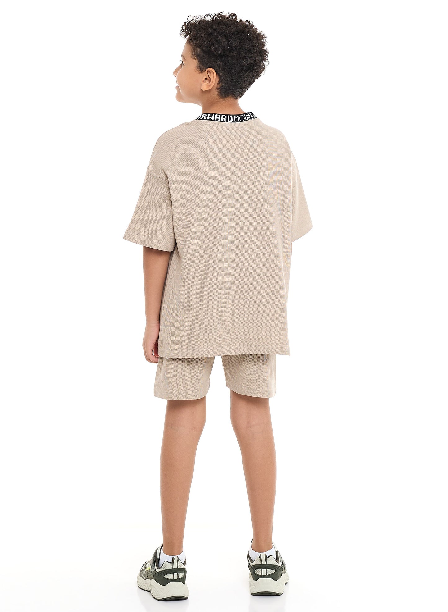 Victor and Jane Boys' Cord Set – Beige T-Shirt and Shorts Outfit with Label Detail