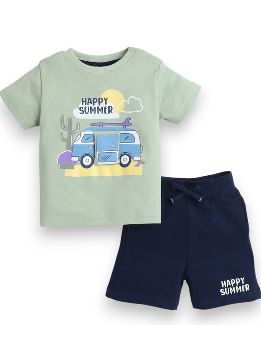 Victor and Jane Infant 2PC Set, T-Shirt with Cute Bus And Blue Shorts