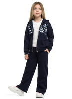 Girls Floral Embroidered Fleece Tracksuit “ Navy 2-Piece Set