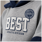 victor and jane girls grey fleece varsity jacket with navy blue accents and Best Athletic Division graphic patch