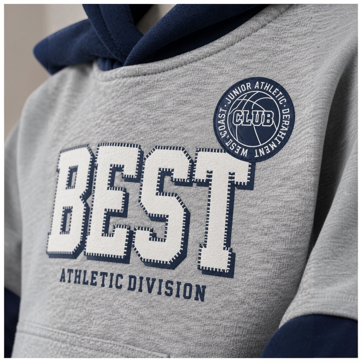 victor and jane girls grey fleece varsity jacket with navy blue accents and Best Athletic Division graphic patch
