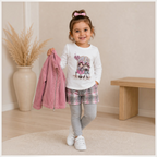 victor and jane girls 4-piece set with pink corduroy cardigan, graphic long sleeve top, check skirt, and grey leggings