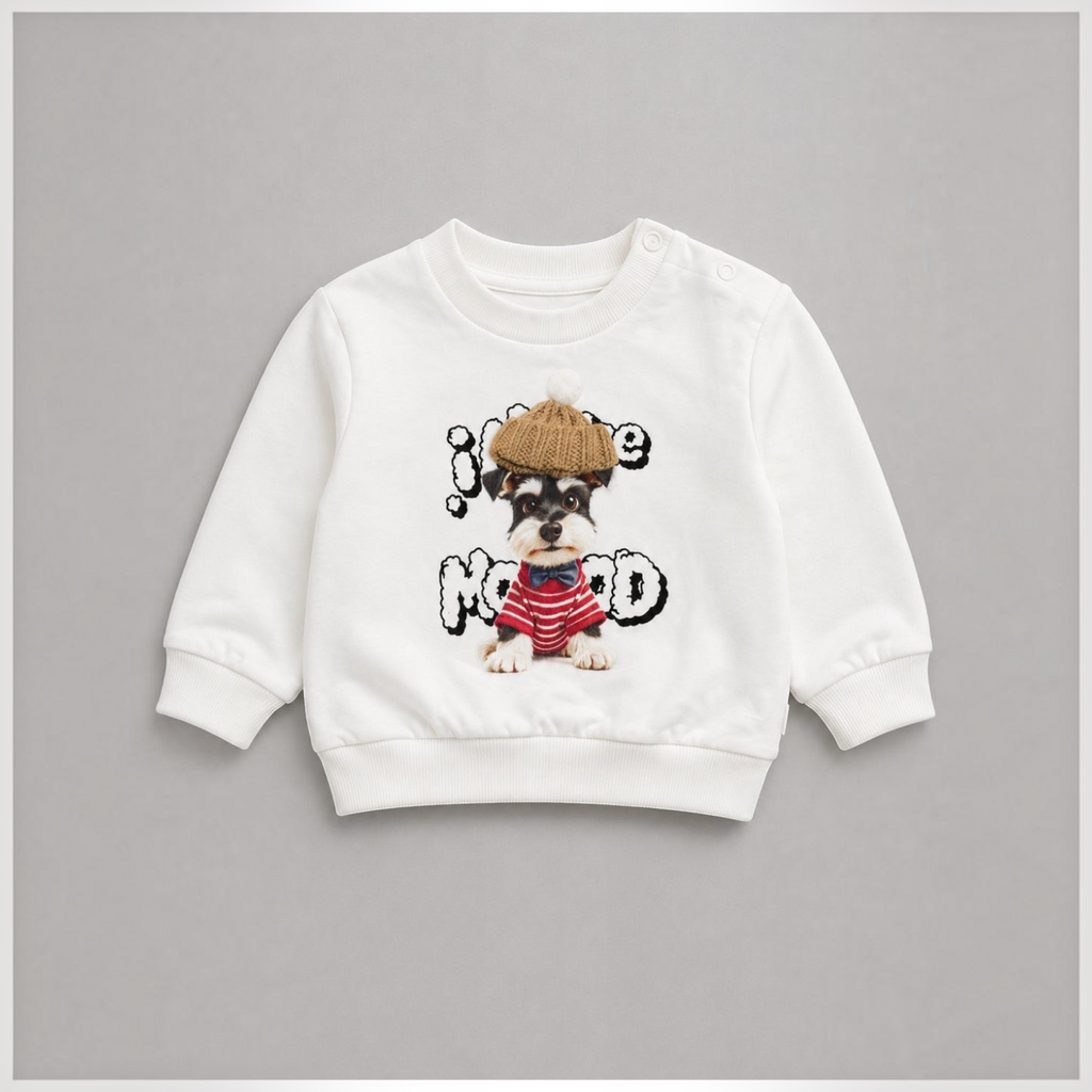 victor and jane white cotton-blend sweatshirt featuring a cute puppy graphic wearing a beanie and striped shirt