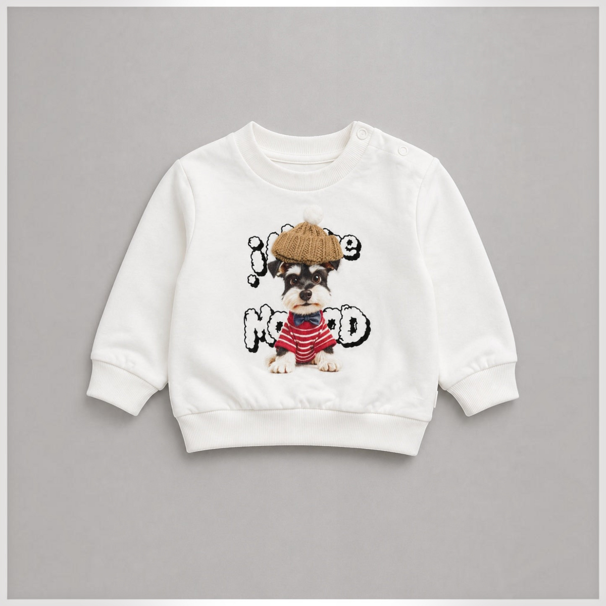 victor and jane white cotton-blend sweatshirt featuring a cute puppy graphic wearing a beanie and striped shirt