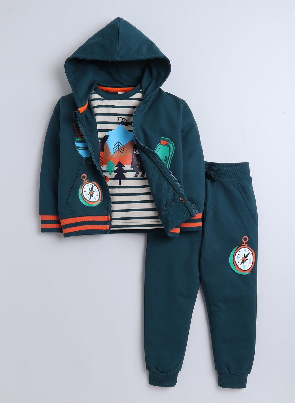 Boys' 3-Piece Set - Stripe Long Tee, Dark Green Fullzipper Hoody Jacket And Dark Green Jogger Sets ,