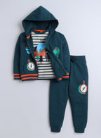 Boys' 3-Piece Set - Stripe Long Tee, Dark Green Fullzipper Hoody Jacket And Dark Green Jogger Sets ,