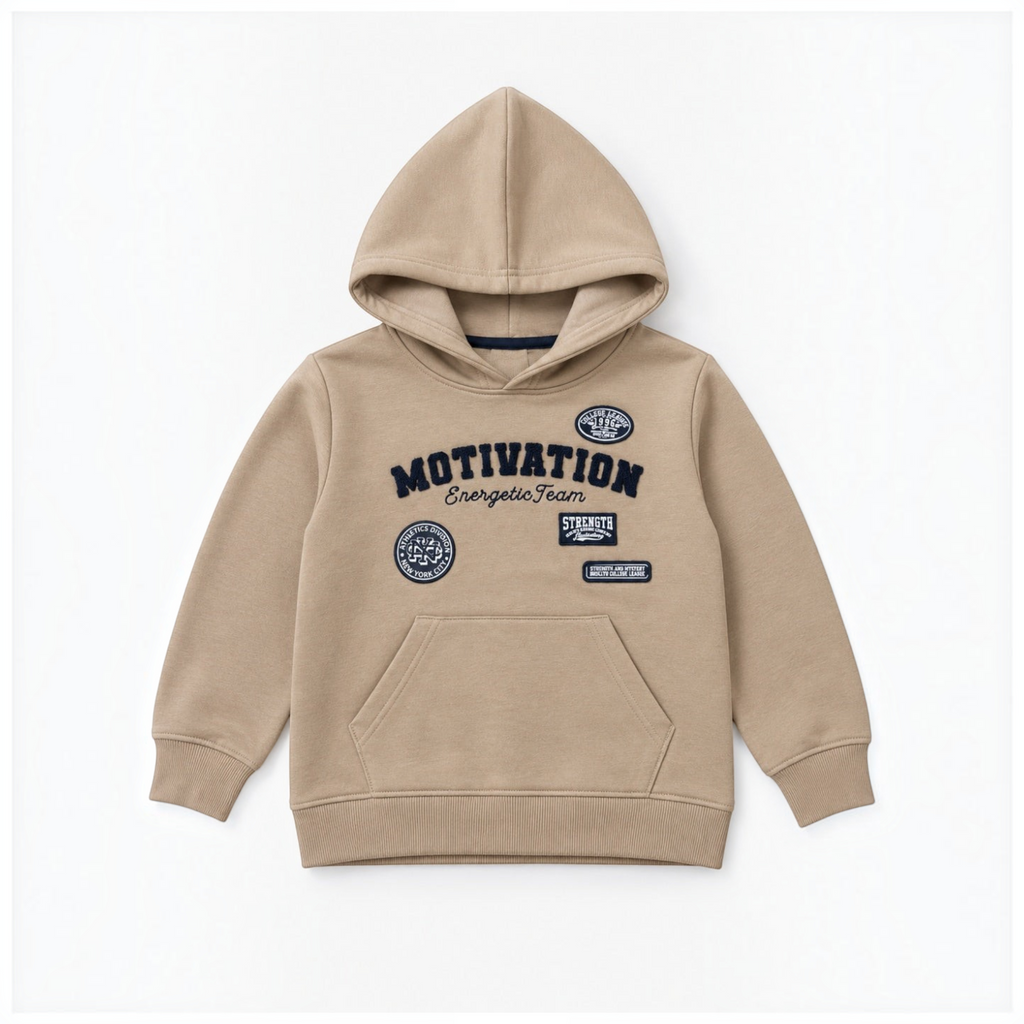 victor and jane boys beige fleece hoodie with navy blue varsity style patches and front kangaroo pocket