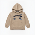 victor and jane boys beige fleece hoodie with navy blue varsity style patches and front kangaroo pocket