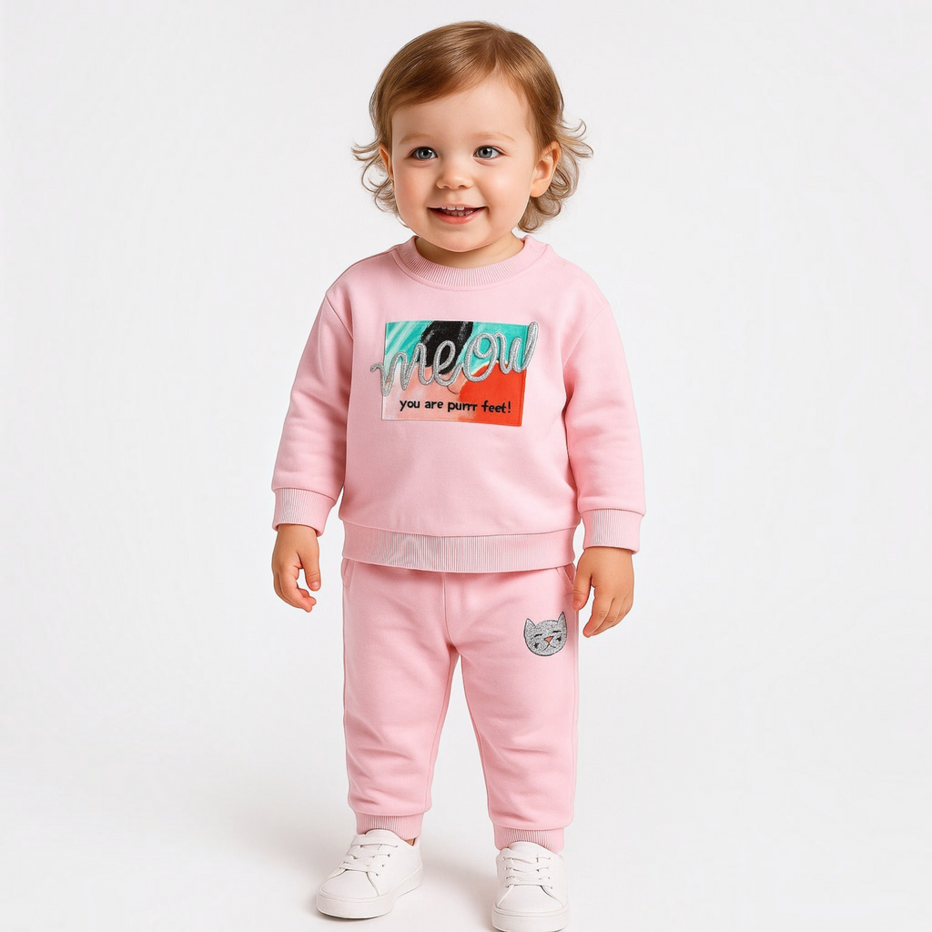 Toddler wearing a pink victor and jane 2-piece graphic sweatshirt and jogger set with cat-themed print