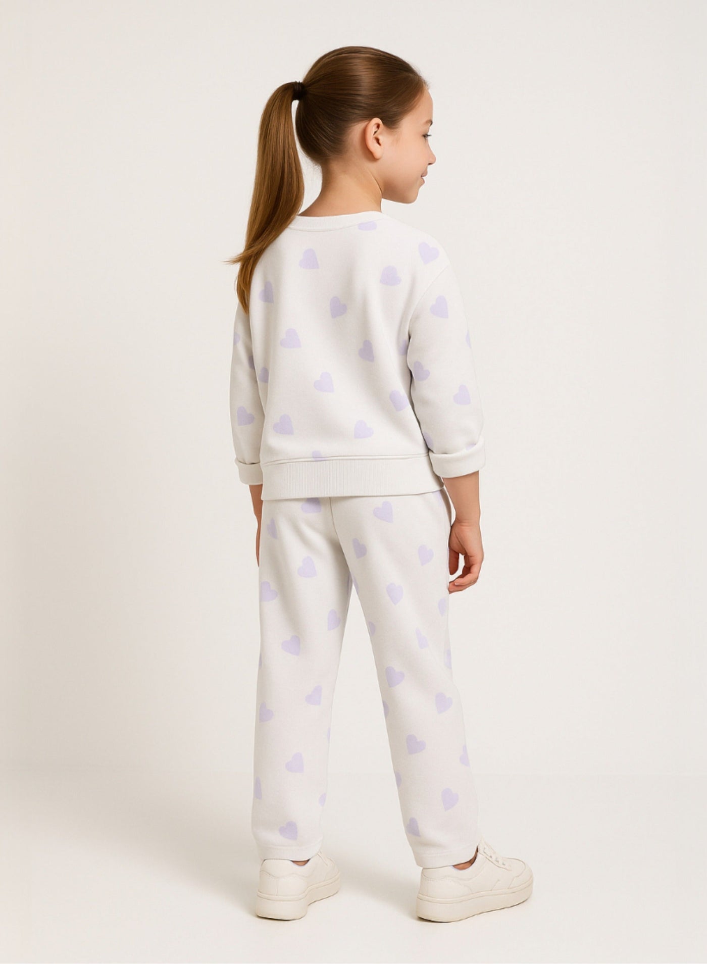 Girls More Love Heart-Print Fleece Tracksuit – Cream & Lavender 2-Piece Set