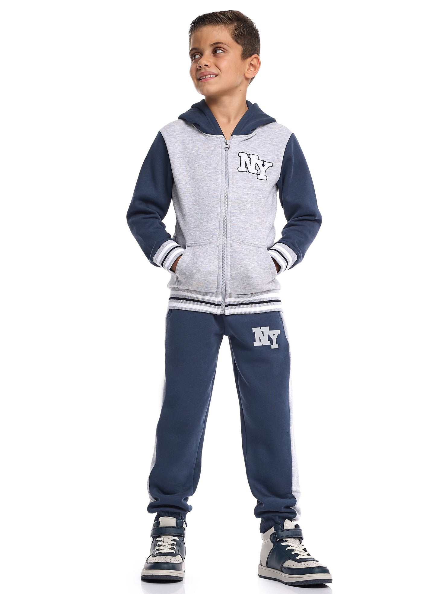 Boys’ Trendy NY Logo Tracksuit – Grey Zip up Hoodie & Navy Joggers Set
