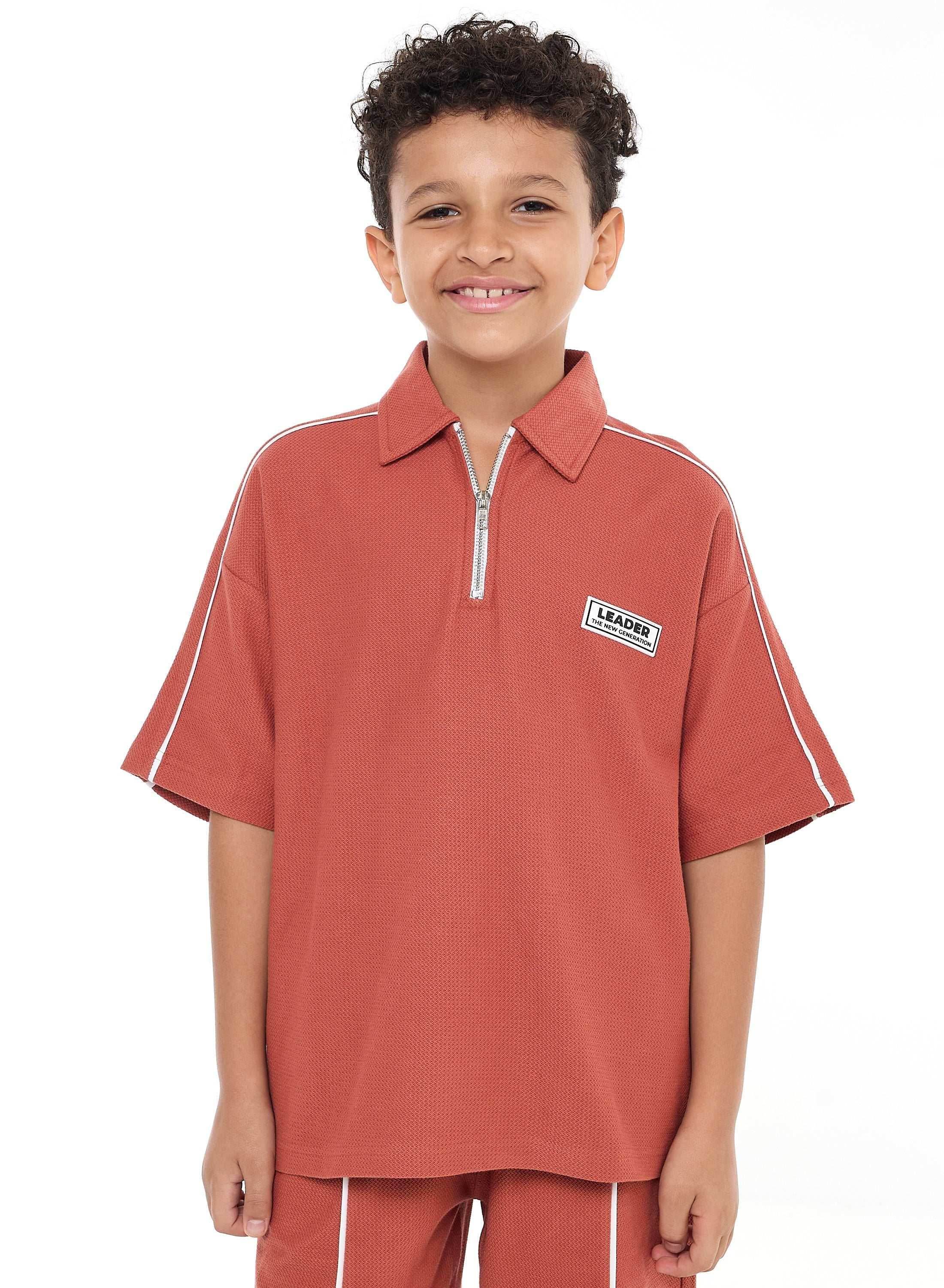 Victor And Jane Boys' Oversized Jacquard Set “ 2-Piece Outfit With Pockets, Polo T-Shirt With Half  Zipper And Shorts