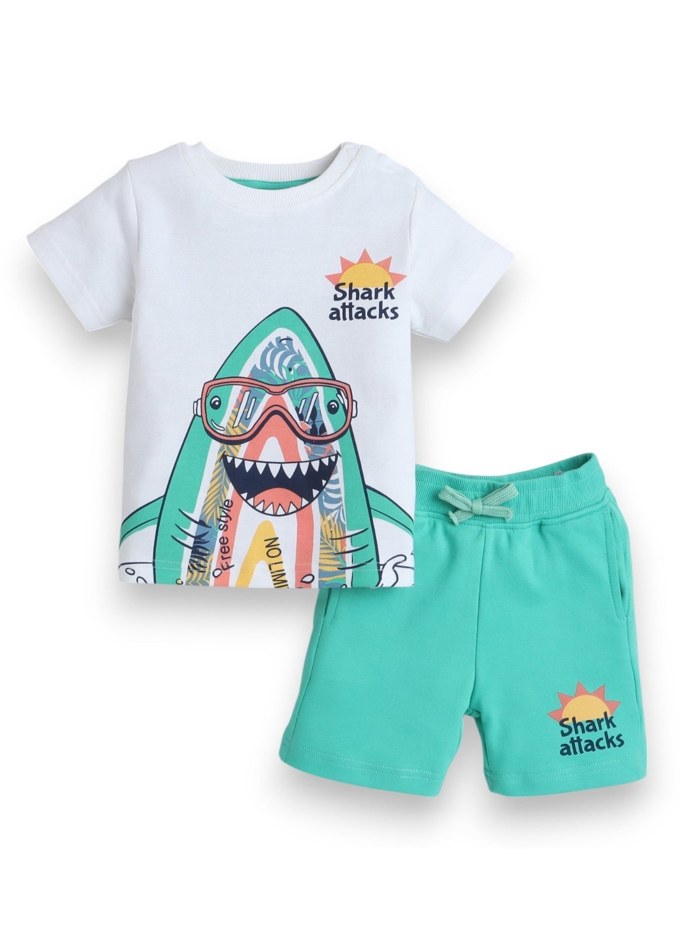 Boys Infant 2Pc Set - T-Shirt With Cute Shark And Green Shorts