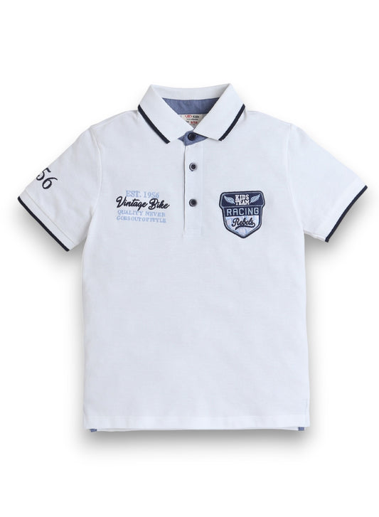 Victor & Jane Boys' Polo T-Shirt – White colour with Embroidered Label detail