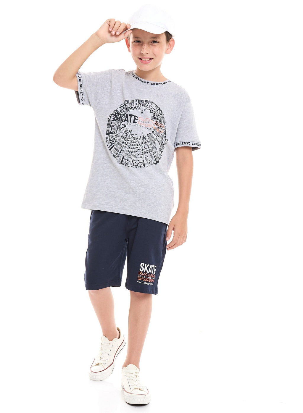 Victor and Jane Skate Doard T-Shirt & Shorts Set - Grey/Navy