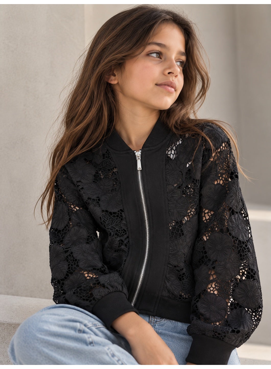 Girls Floral Lace full Zip Bomber Casual Jacket