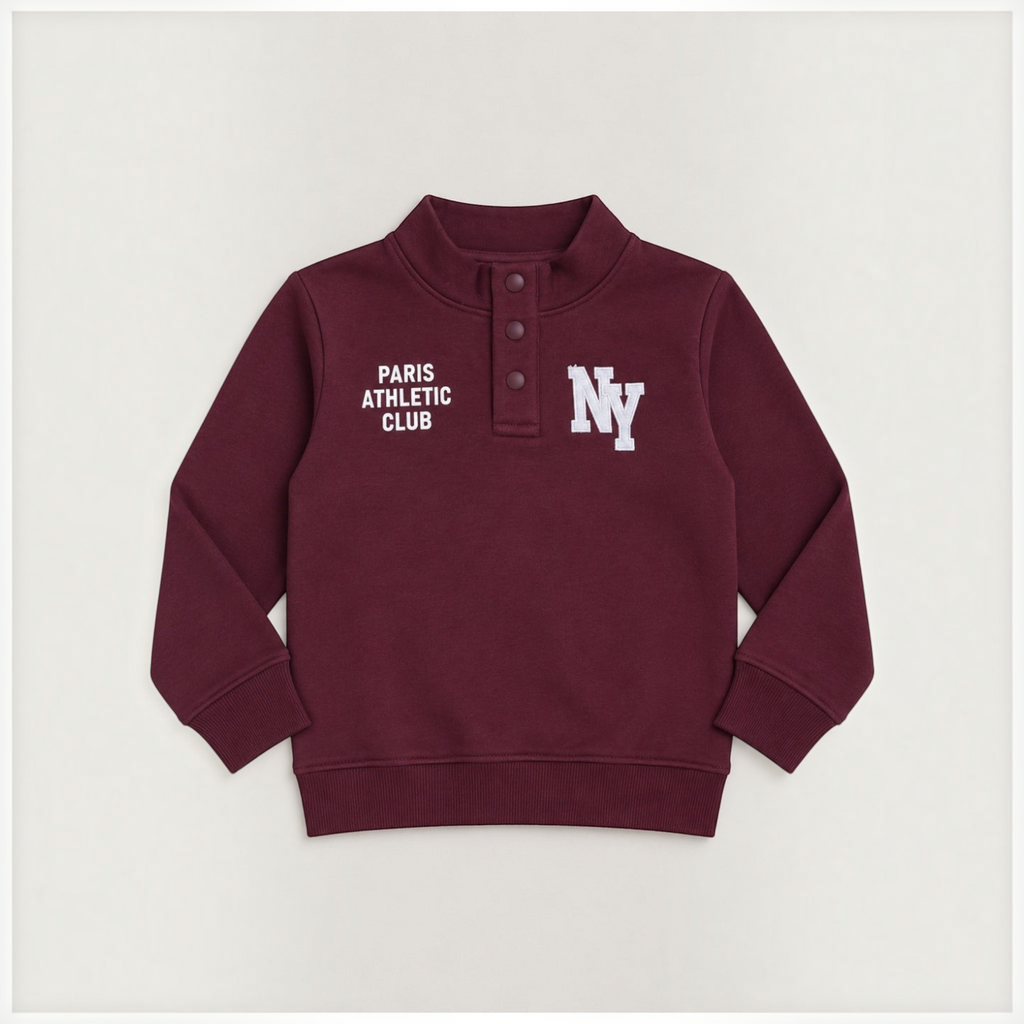 victor and jane boys' burgundy fleece sweatshirt with half-open button placket and Paris Athletic Club NY graphic