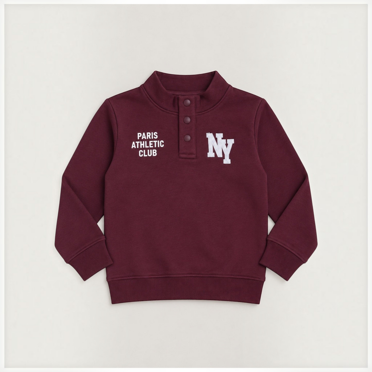 victor and jane boys' burgundy fleece sweatshirt with half-open button placket and Paris Athletic Club NY graphic