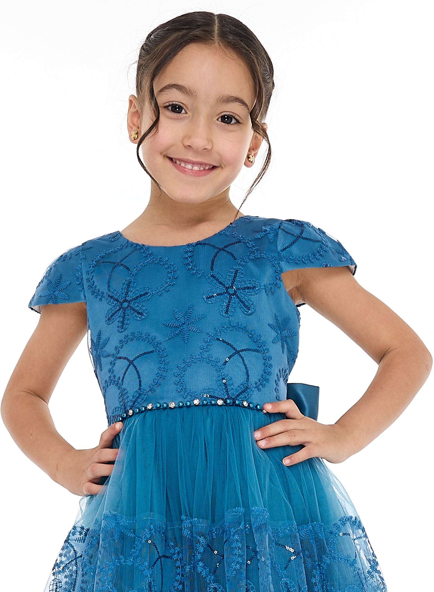 Elegant Blue Tulle Dress With Lace And Sequins