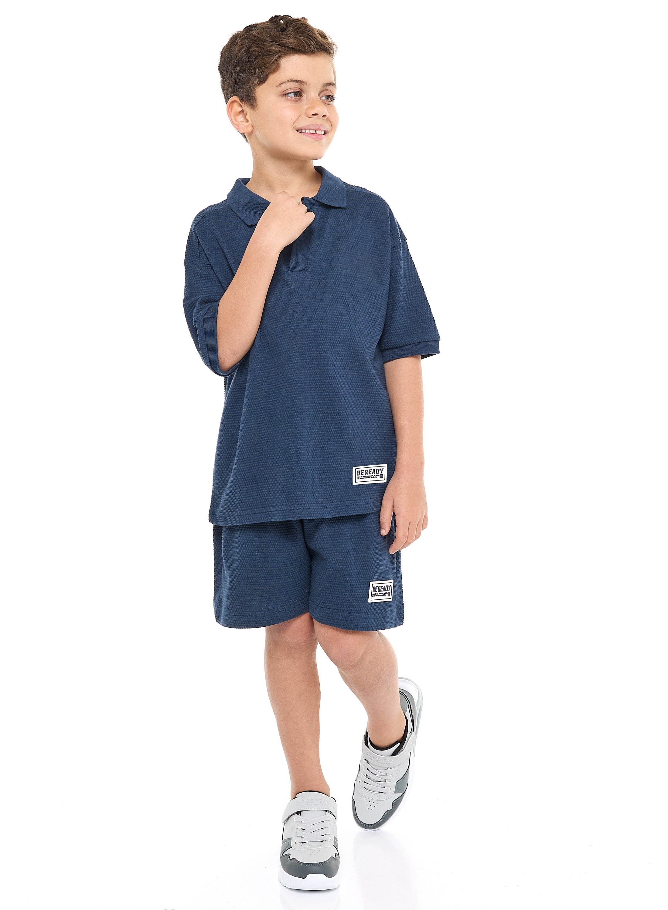 Oversized - Boys' Jacquard 2-Piece Set - Polo T-Shirt With Badge Detail And Matching Shorts With Pockets