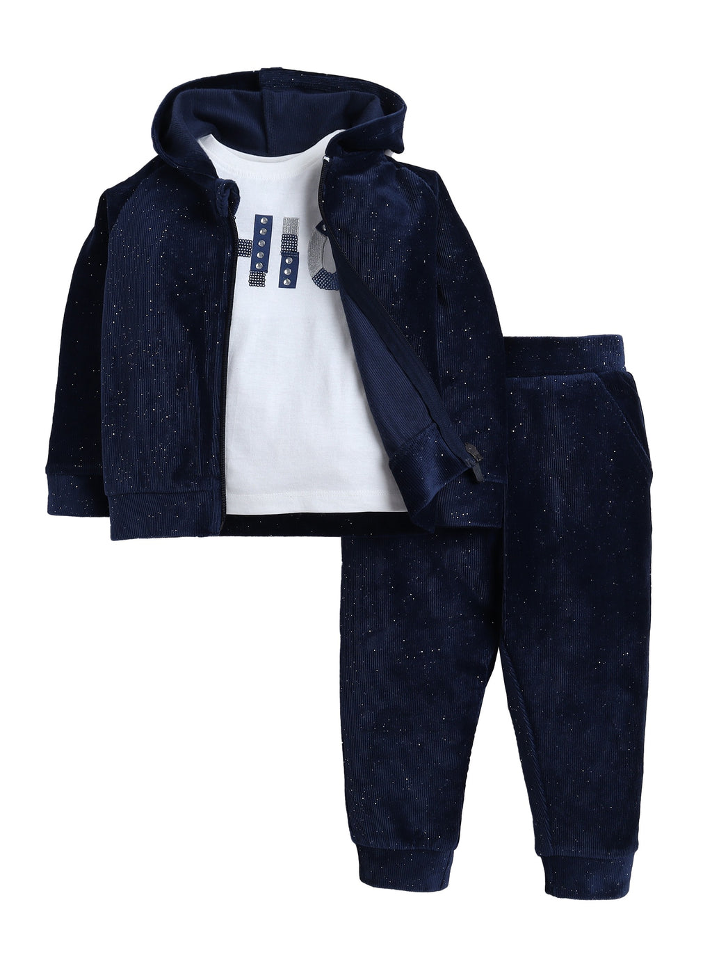 Infant Girls Navy Glitter 3-Piece Hoodie-Long sleeve Tee and Jogger Pants Set