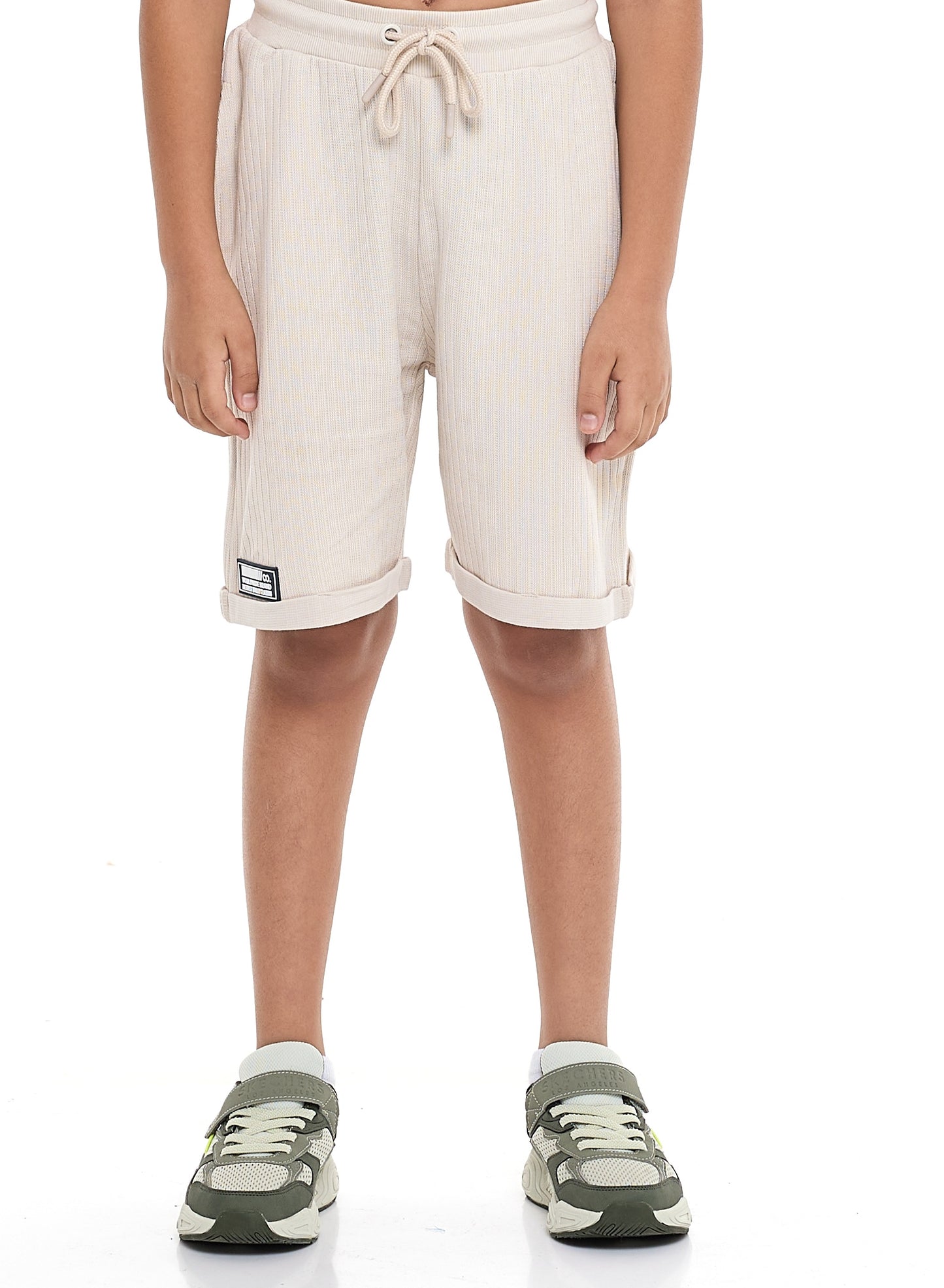 Victor and Jane Boys' Jacquard Set – Beige 2-Piece Outfit with Patch Polo T-shirt and Shorts