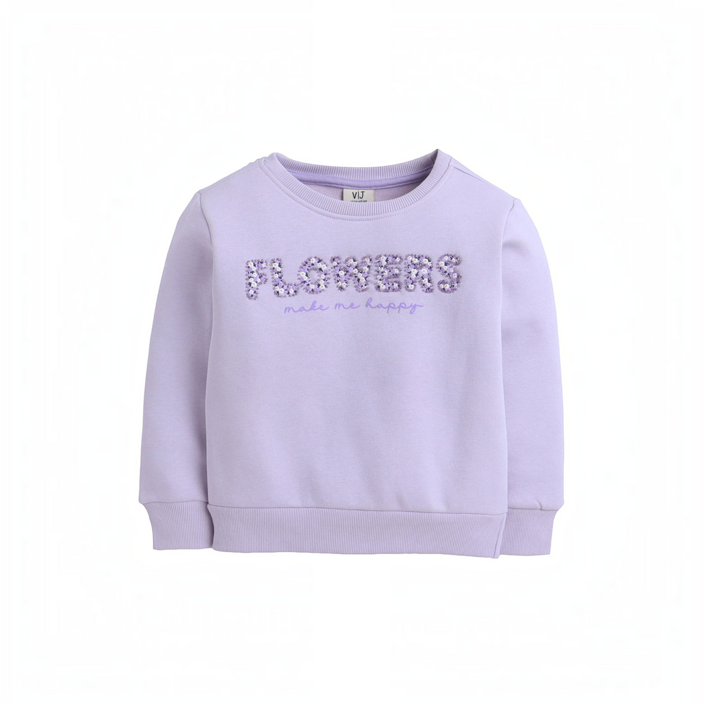 victor and jane girls lavender sweatshirt with sequin flowers text and make me happy embroidery