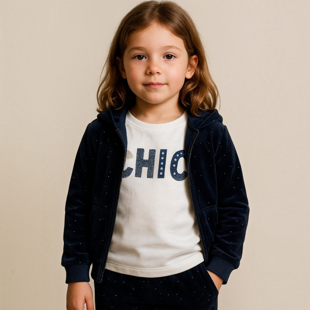 victor and jane infant girls navy glitter hoodie and white graphic tee set worn by a young girl