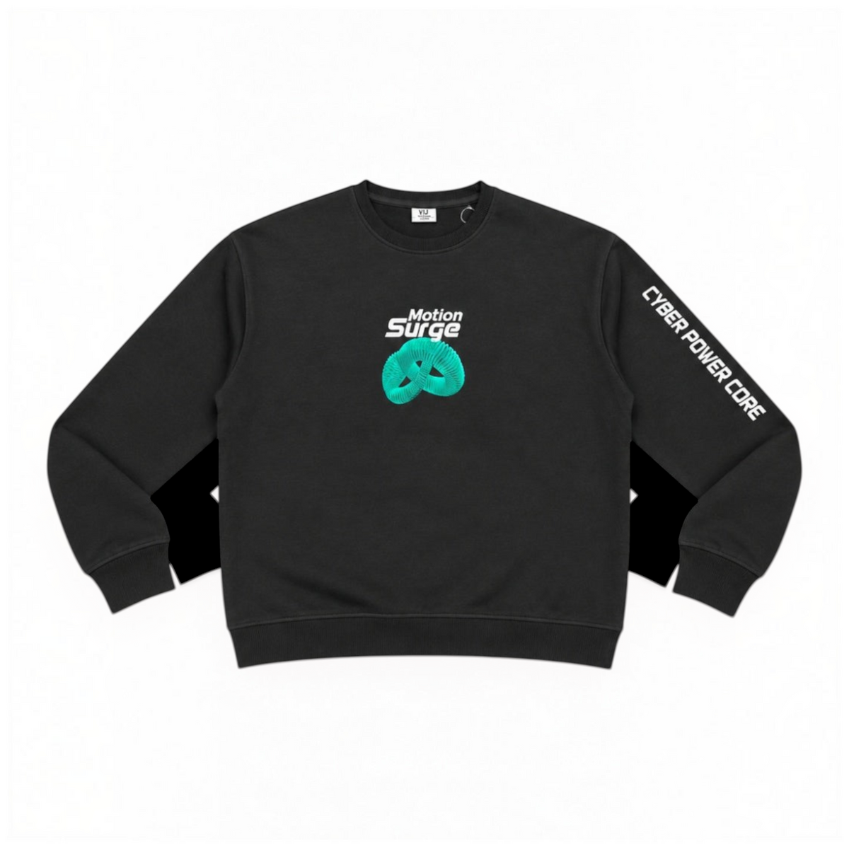 victor and jane boys black fleece sweatshirt with Motion Surge graphic on chest and Cyber Power Core sleeve print