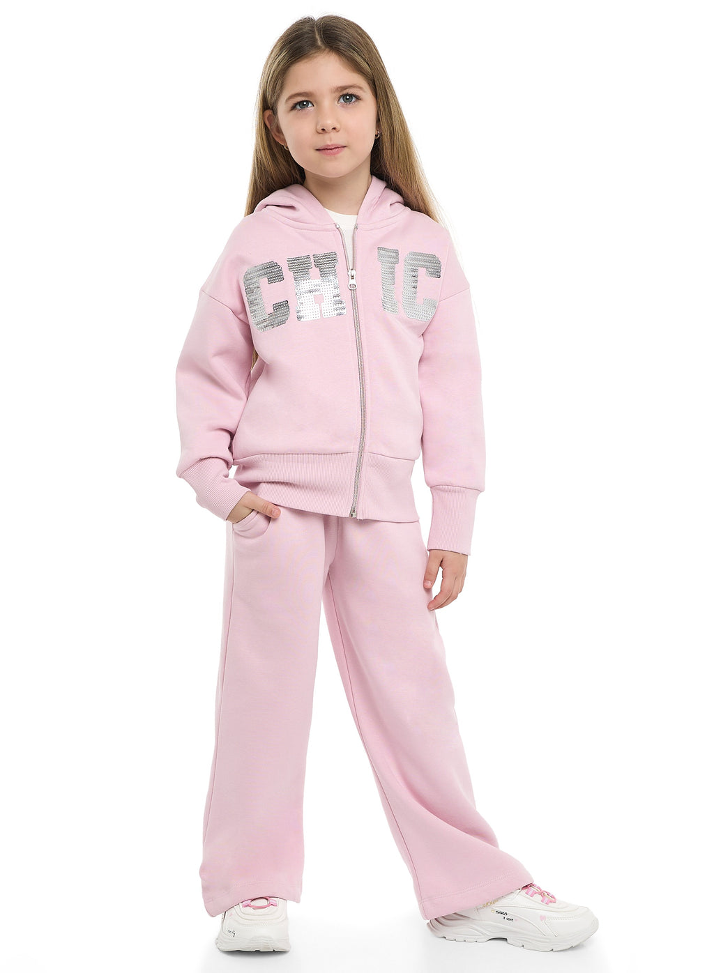 Girls Chic Sequin Fleece Tracksuit “ Pink 2-Piece Set