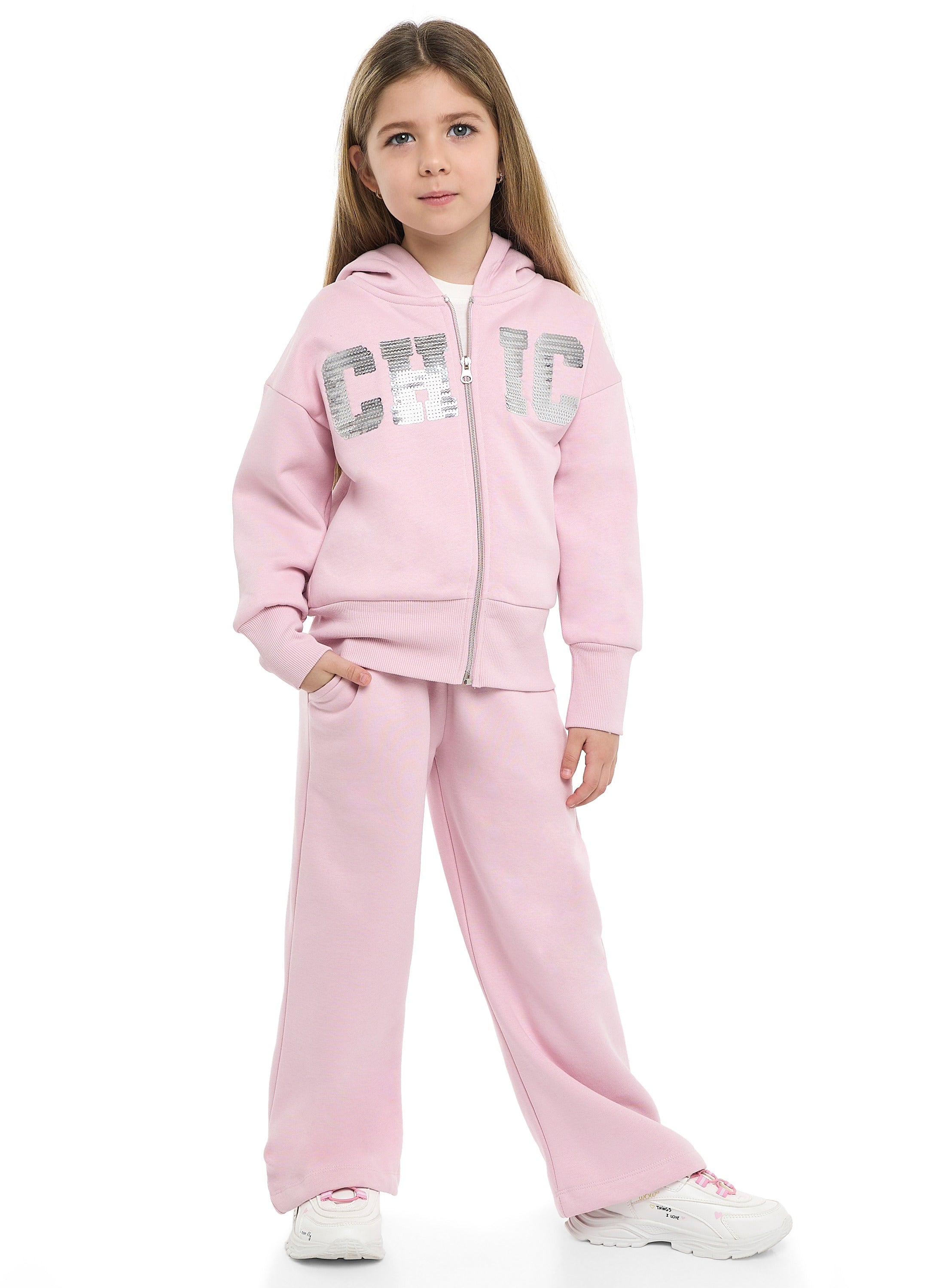 Girls Chic Sequin Fleece Tracksuit “ Pink 2-Piece Set