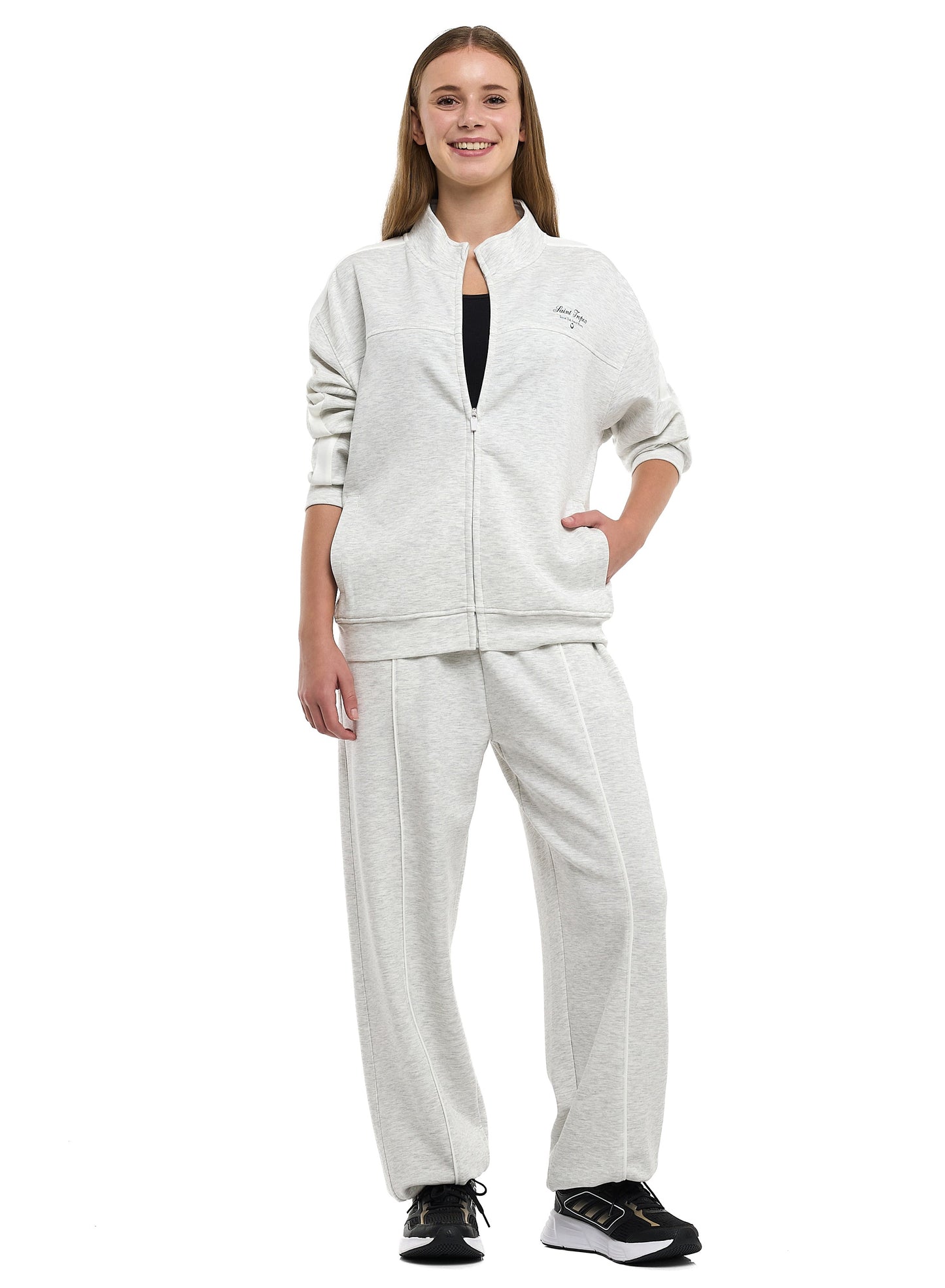 Ladies Grey Striped Track Set – Zip-Up Jacket & Joggers