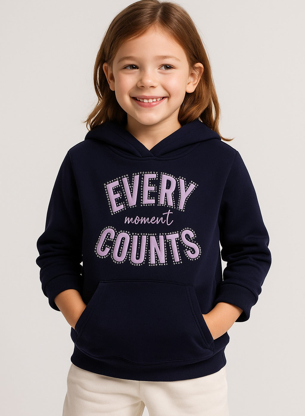 Girls Œevery Moment Counts” Fleece Hoodie “ Navy