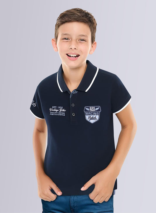 Victor & Jane Boys' Polo T-Shirt – Blue color with Embroidered Label Detail