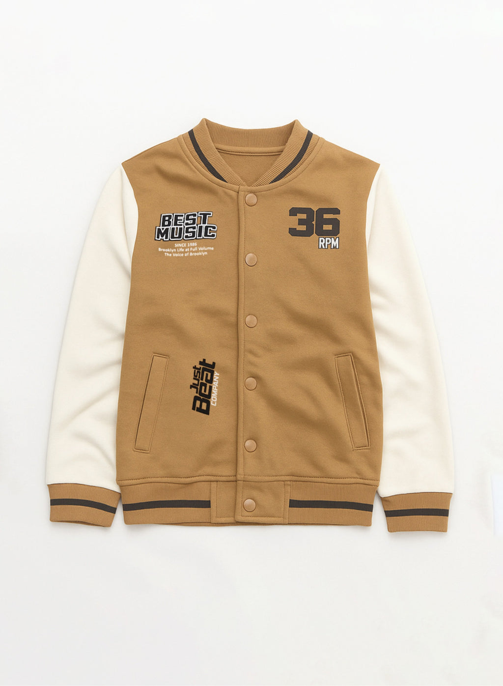 Victor And Jane Cotton Rhythm Printed Full Sleeves Varsity Jacket & Joggers Co-Ord Set - Brown