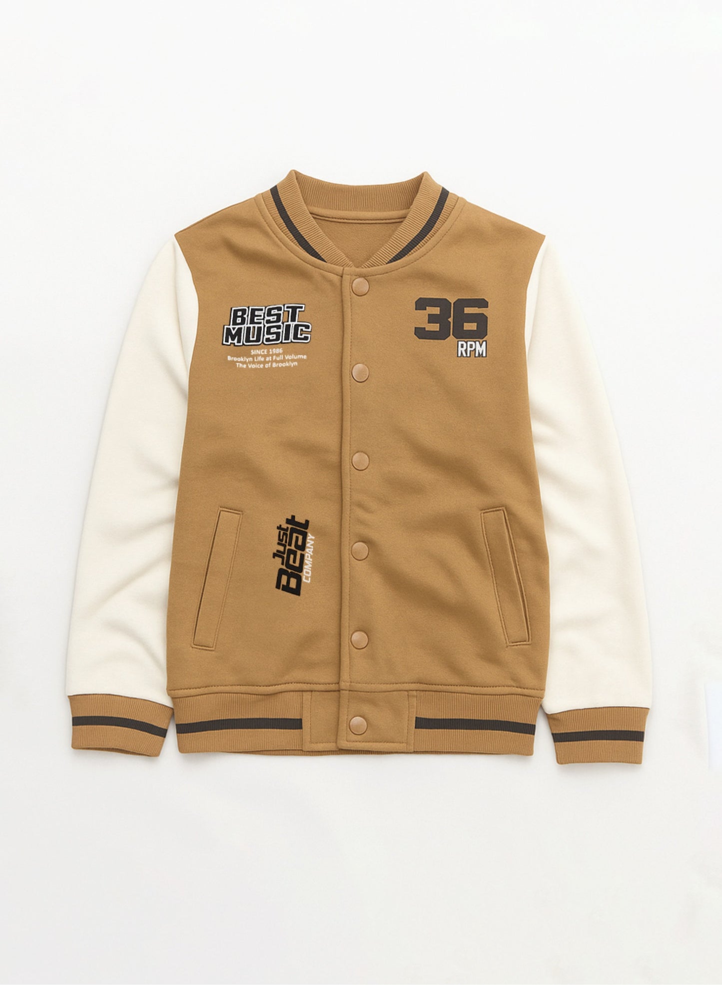 Boys’ Stylish Varsity Tracksuit – Brown Rhythm Print Jacket & Joggers