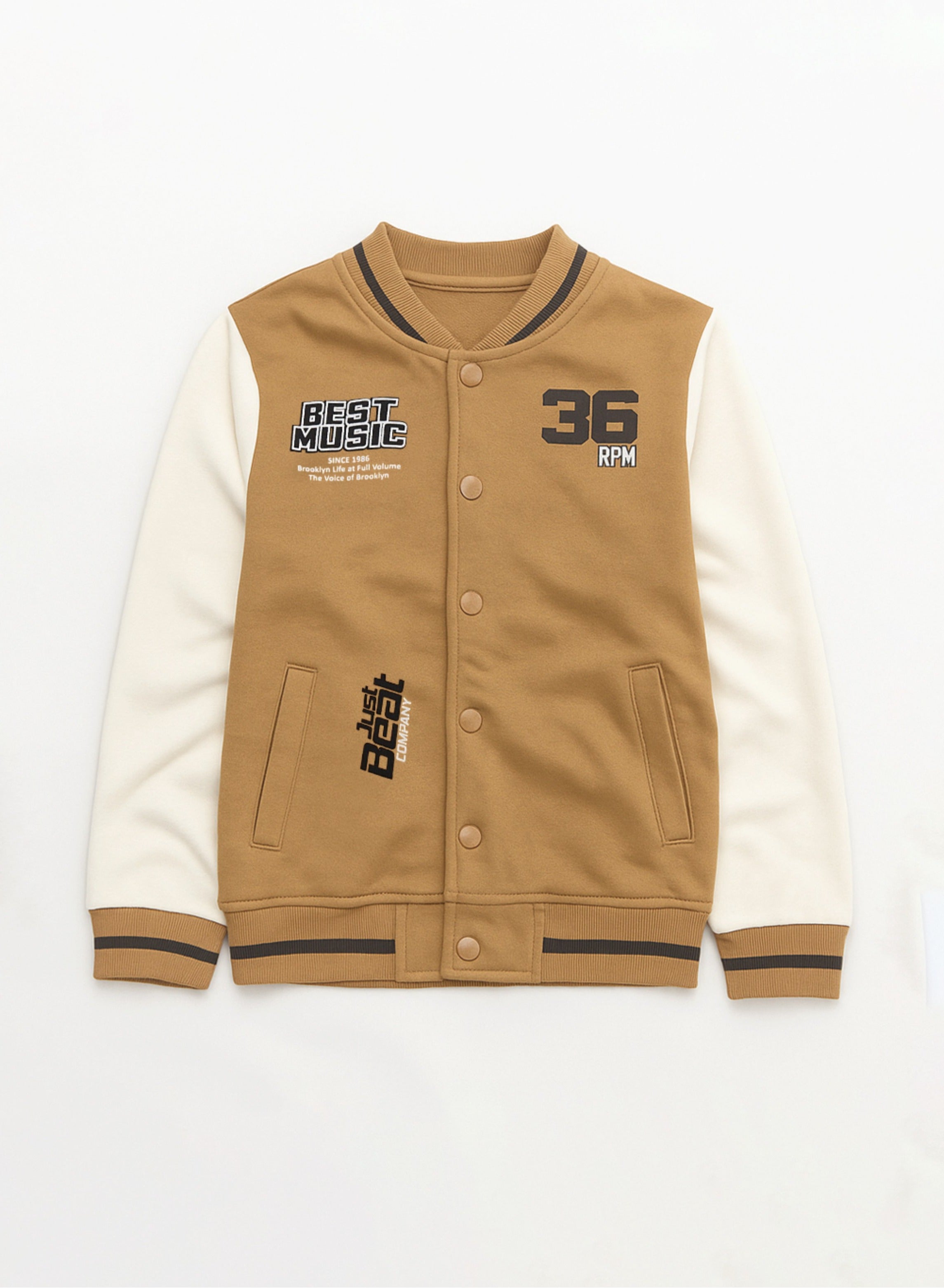 Victor And Jane Cotton Rhythm Printed Full Sleeves Varsity Jacket & Joggers Co-Ord Set - Brown