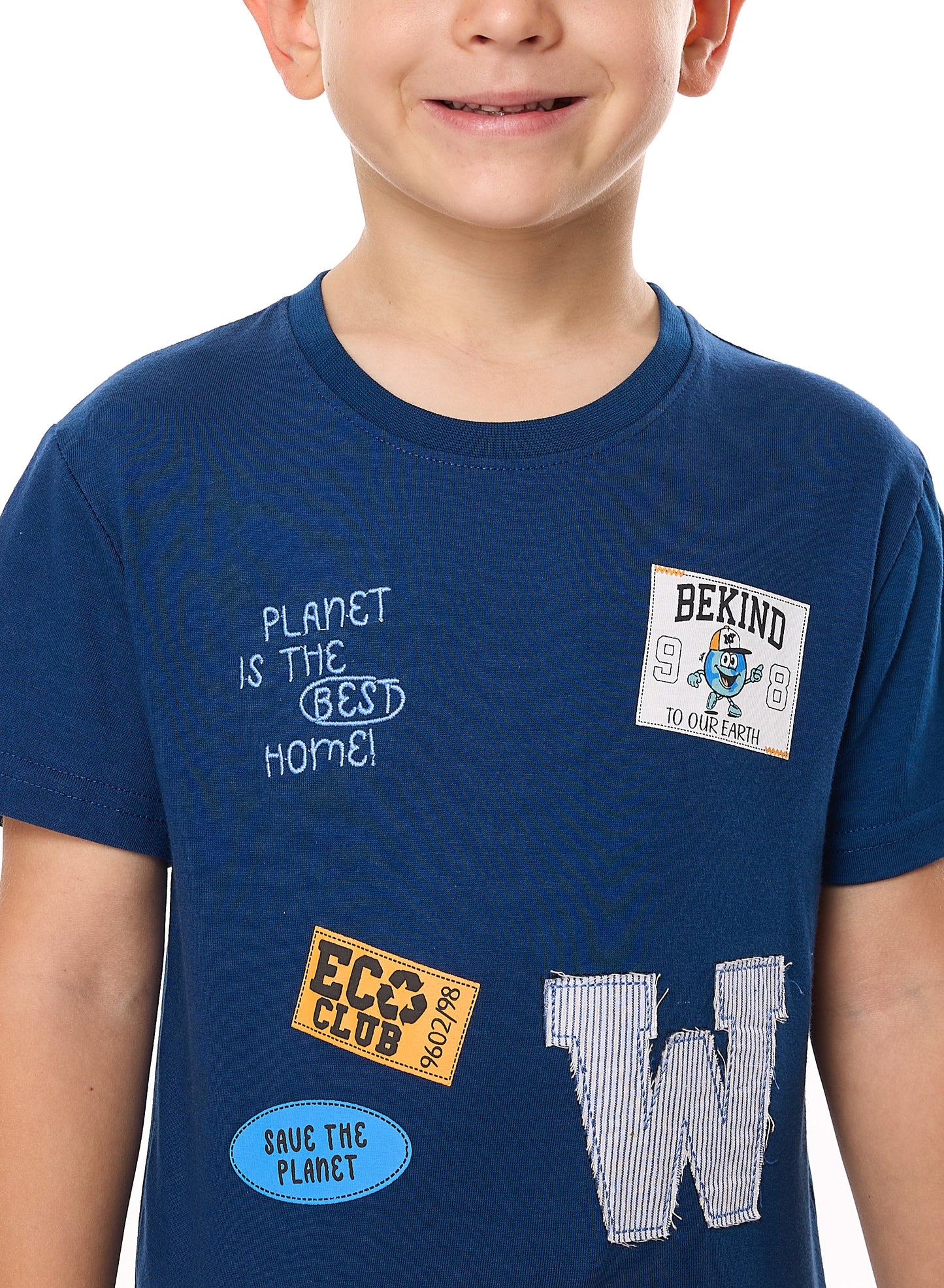 Victor and Jane Cotton Round Neck T-Shirt & Shorts Set with label deatail - Blue And Orange